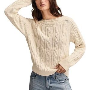 LUCKY Brand Cable Stitch Boat Neck Cotton Sweater Ivory MSRP $99 NWT Size S